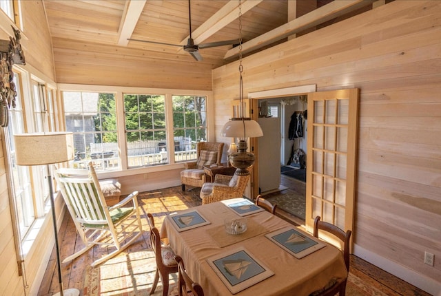 36 Cutler Rd, East Machias, ME 04630 - dining area featuring wood walls, wooden ceiling, and a ceiling fan