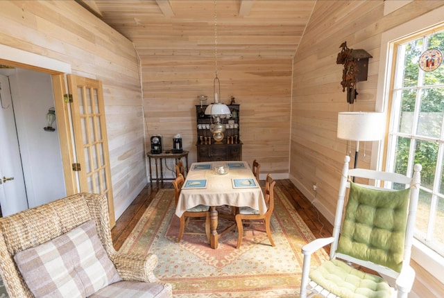 36 Cutler Rd, East Machias, ME 04630 - dining room featuring vaulted ceiling, wooden walls, wood ceiling, and wood finished floors
