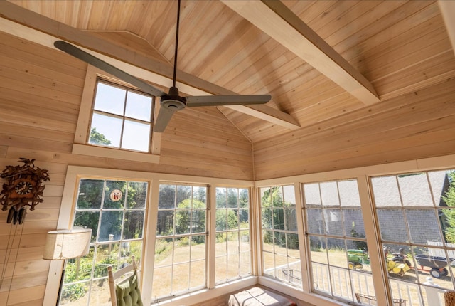 36 Cutler Rd, East Machias, ME 04630 - unfurnished sunroom with wood ceiling with exposed beams, high vaulted ceiling, and wooden walls