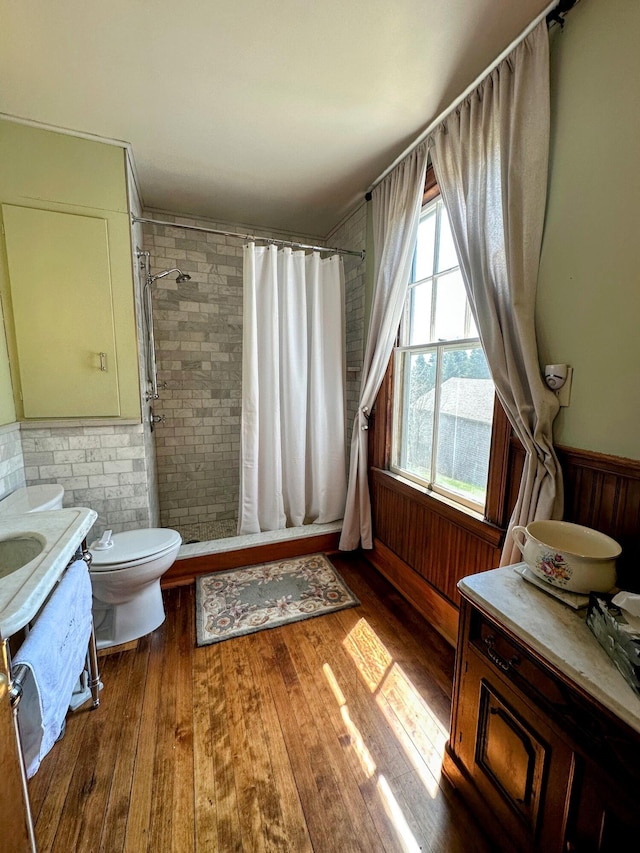 36 Cutler Rd, East Machias, ME 04630 - full bathroom with vanity, a shower stall, wood finished floors, a wainscoted wall, and toilet