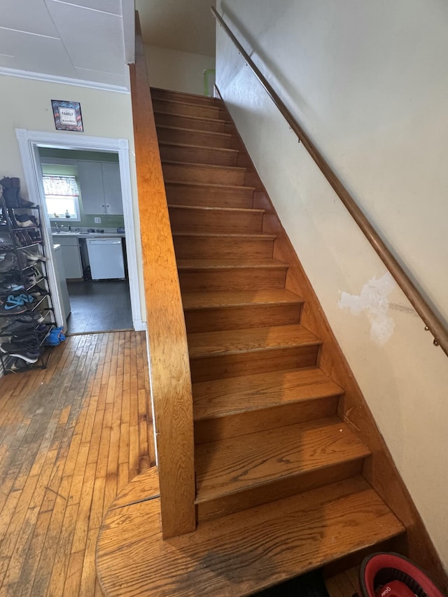 staircase with hardwood / wood-style floors