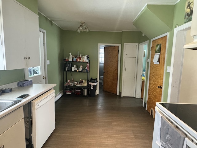 kitchen featuring a baseboard heating unit, white cabinetry, white appliances, light countertops, and dark wood-type flooring