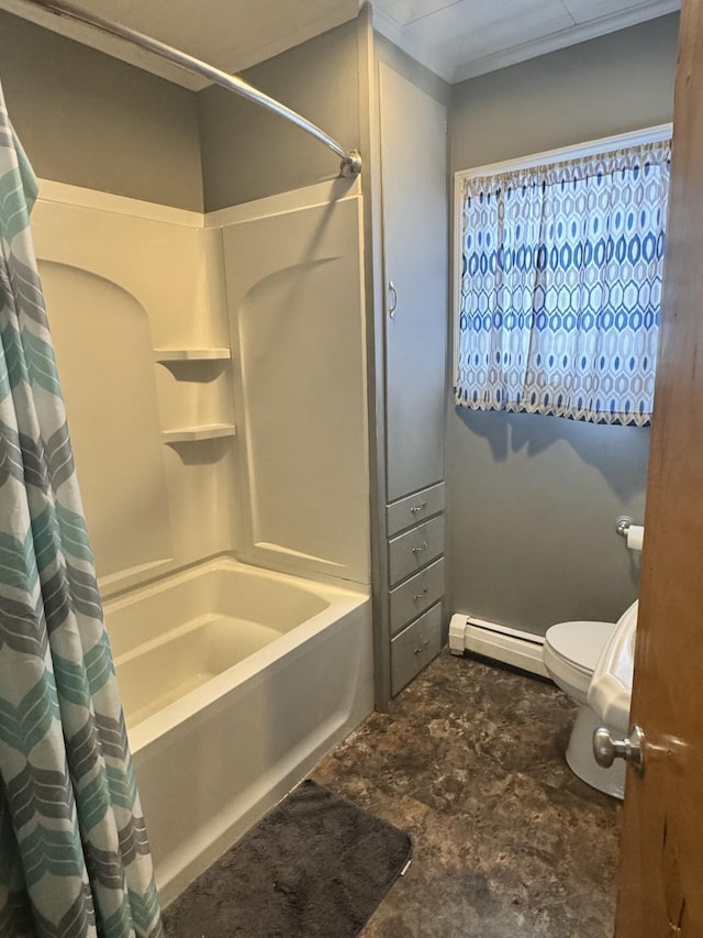 bathroom featuring a baseboard radiator, stone finish flooring, toilet, and shower / bathtub combination with curtain