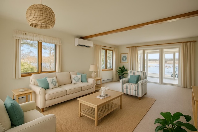 living room featuring a wall mounted AC, carpet, a wealth of natural light, and baseboard heating