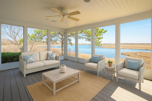 sunroom / solarium featuring outdoor lounge area, a water view, and a ceiling fan