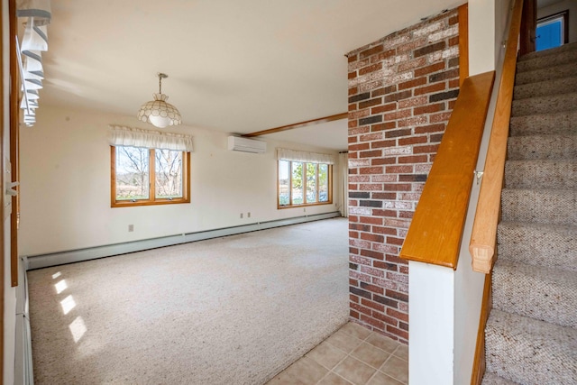 interior space with a wall mounted air conditioner, stairway, light tile patterned floors, baseboard heating, and brick wall