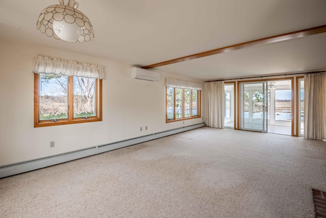 carpeted empty room featuring a baseboard radiator and a wall mounted AC