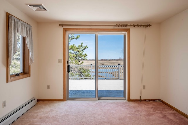 doorway to outside with a baseboard heating unit, visible vents, baseboards, and light carpet