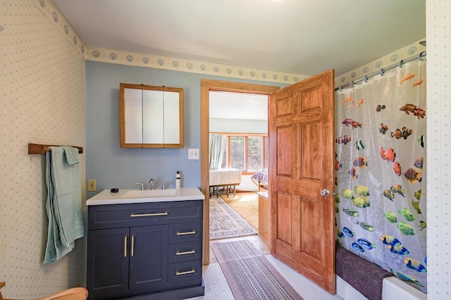 46 Winslow Hill Rd, Nobleboro, ME 04555 - ensuite bathroom featuring wallpapered walls, vanity, and ensuite bathroom