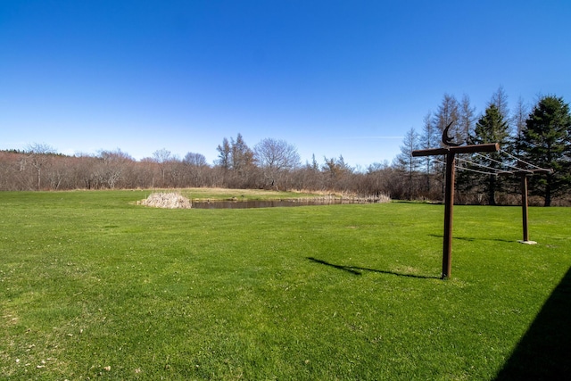 view of green lawn with a water view