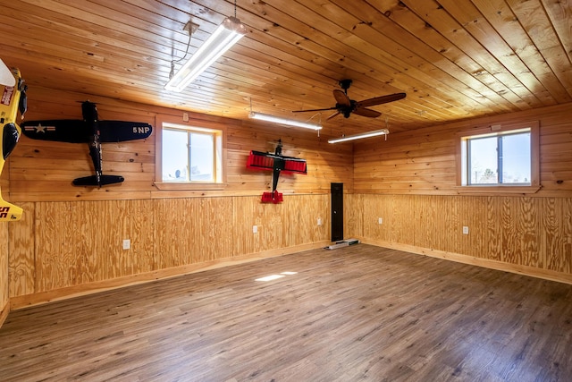 exercise area featuring healthy amount of natural light, wood ceiling, wood finished floors, wood walls, and baseboards