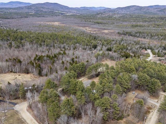 aerial view featuring a mountain view and a wooded view