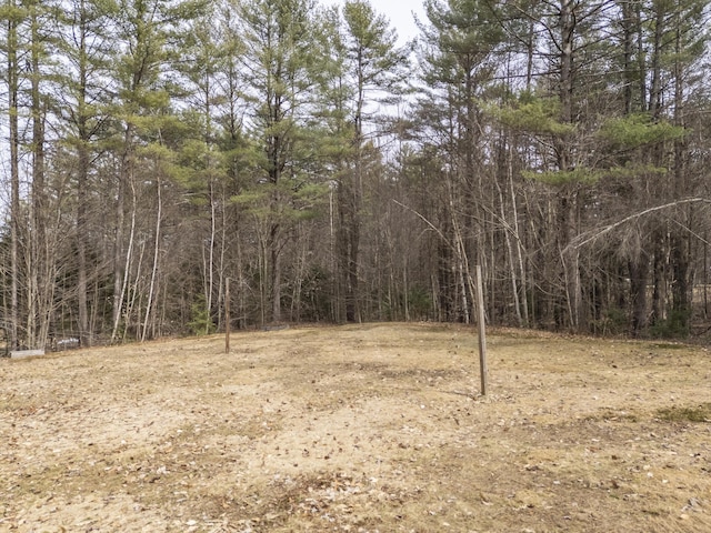 view of landscape featuring a forest view