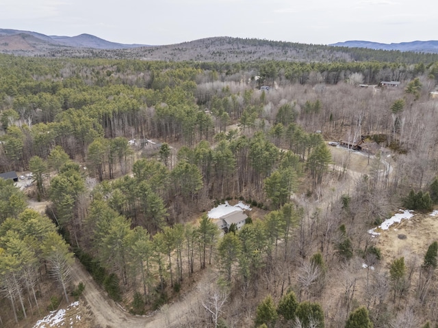 drone / aerial view featuring a forest view and a mountain view