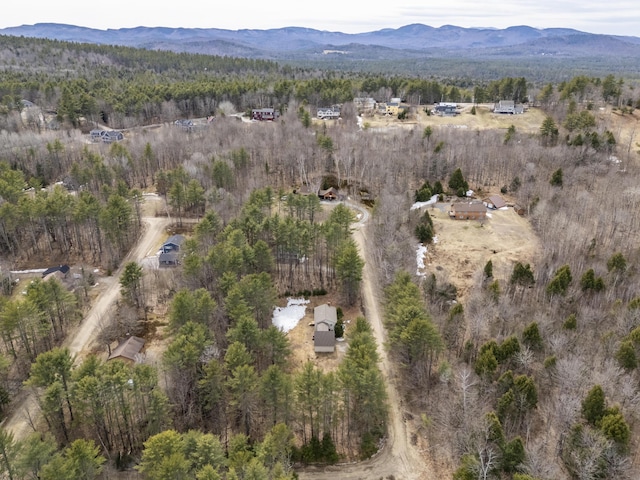 bird's eye view featuring a view of trees and a mountain view