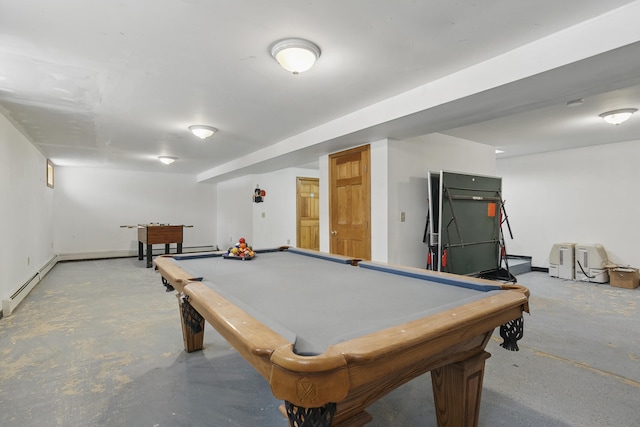 game room featuring unfinished concrete floors, a baseboard heating unit, and billiards