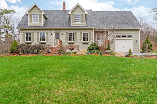 cape cod house featuring an attached garage, roof with shingles, a front yard, and entry steps