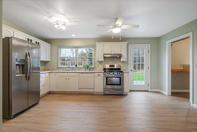 kitchen with light wood finished floors, a ceiling fan, a sink, under cabinet range hood, and appliances with stainless steel finishes
