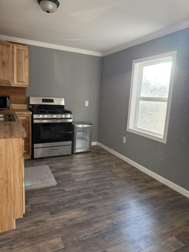 kitchen featuring baseboards, dark wood-type flooring, appliances with stainless steel finishes, and crown molding
