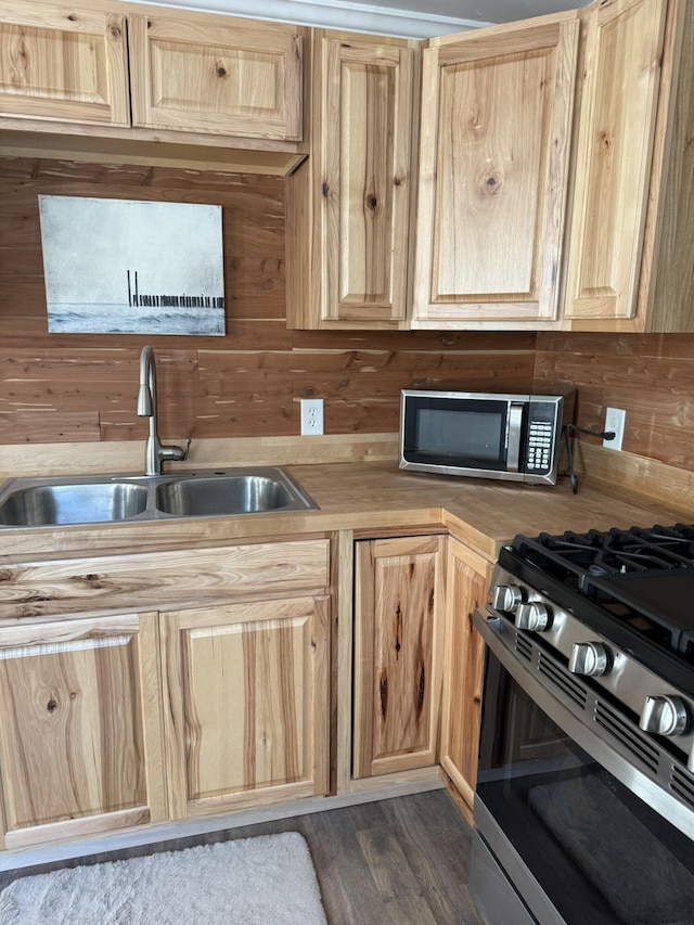 kitchen featuring light brown cabinetry, dark wood-style floors, stainless steel appliances, and a sink