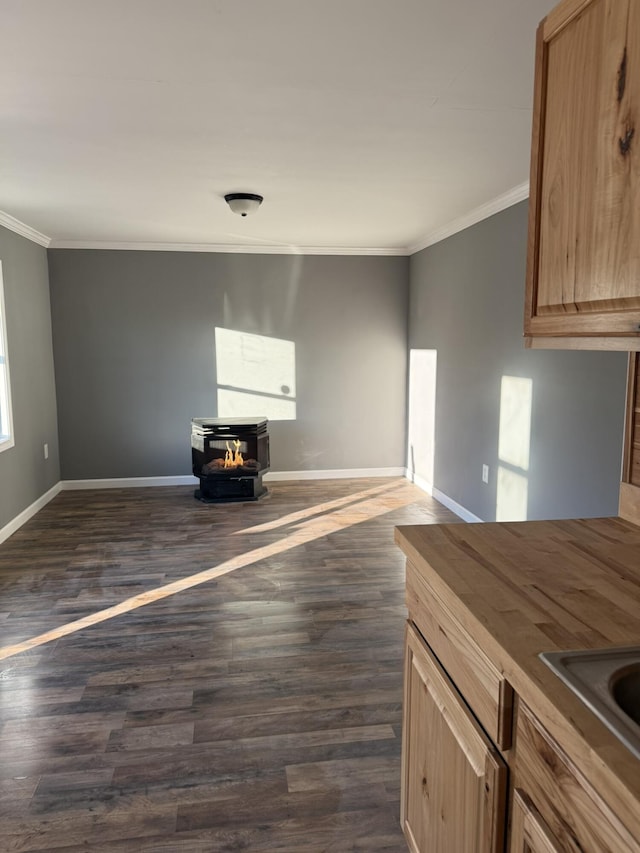 unfurnished living room featuring baseboards, a sink, dark wood-style floors, and ornamental molding
