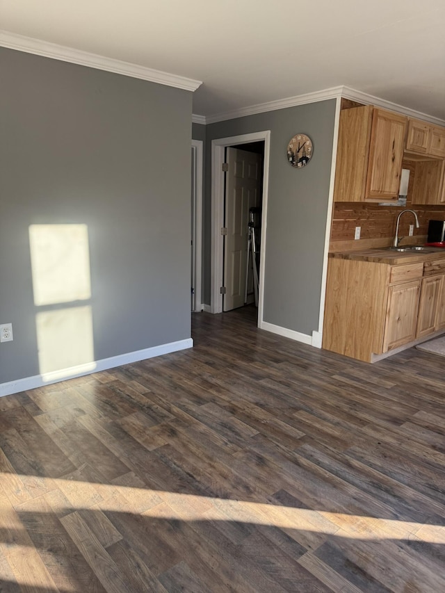 kitchen featuring ornamental molding, baseboards, light brown cabinetry, and a sink