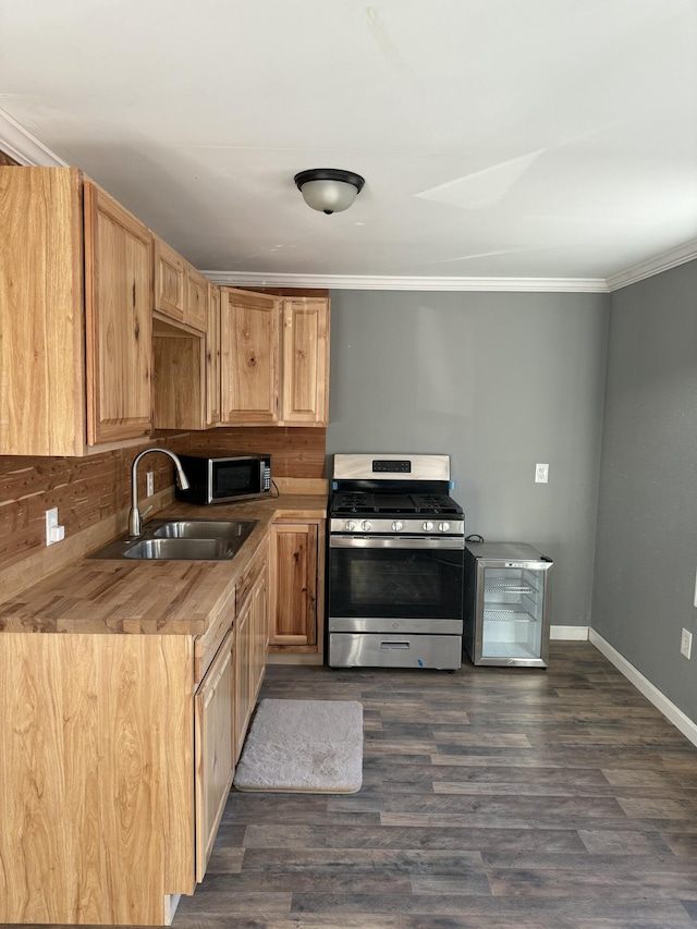 kitchen with stainless steel appliances, dark wood-style floors, a sink, baseboards, and ornamental molding
