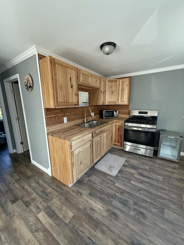 kitchen featuring crown molding, tasteful backsplash, a sink, stainless steel appliances, and dark wood-type flooring