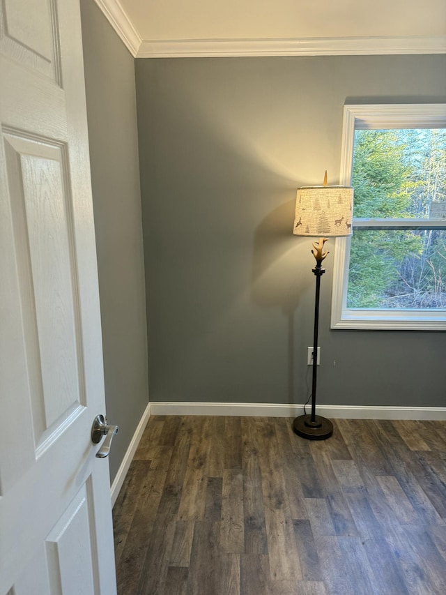 empty room with baseboards, wood finished floors, and crown molding