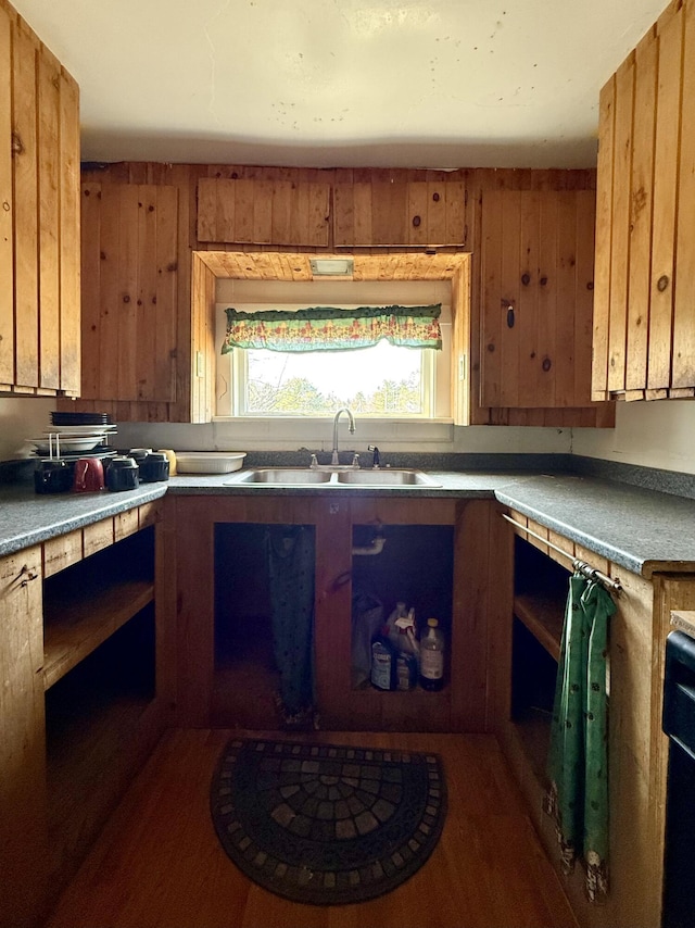 kitchen featuring wood finished floors, a sink, and wooden walls