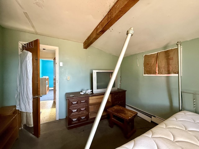 bedroom featuring a baseboard heating unit, concrete flooring, and lofted ceiling with beams