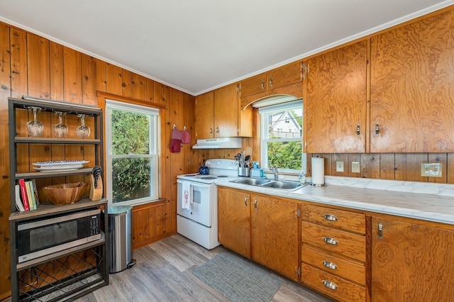 49 W Shore Rd, Harpswell, ME 04003 - kitchen featuring white range with electric cooktop, crown molding, a sink, brown cabinetry, and light wood-type flooring