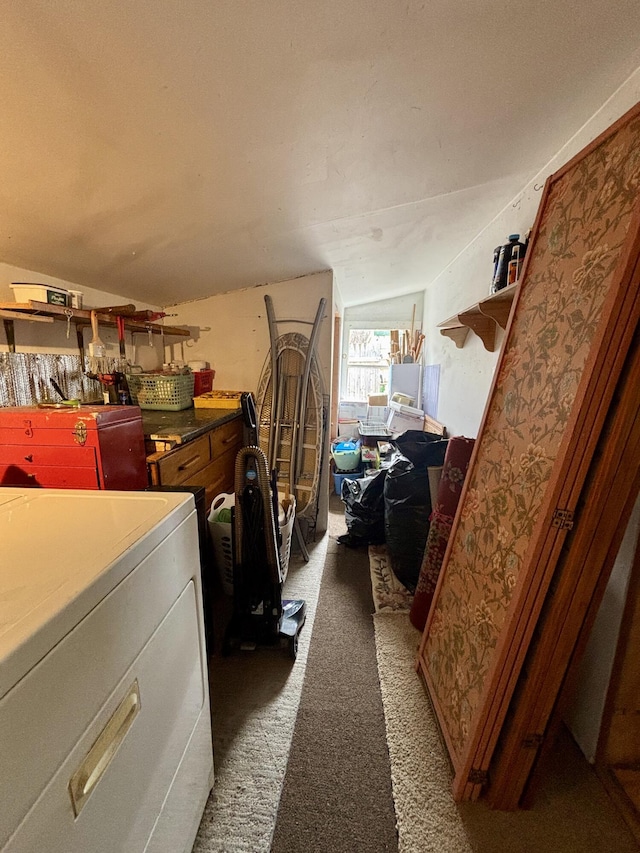 laundry room featuring light colored carpet and washer / dryer