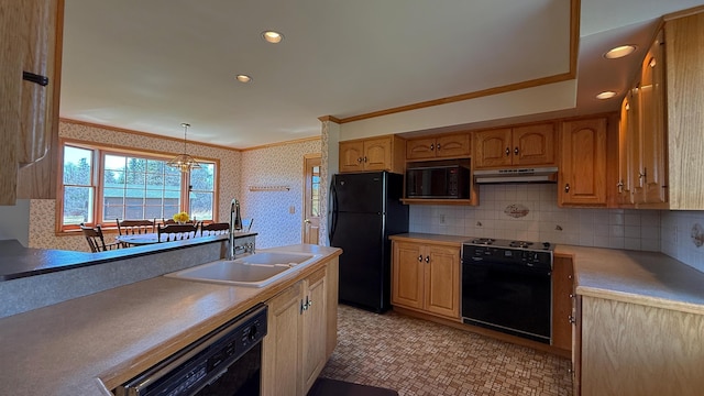 812 County Rd, Lubec, ME 04652 - kitchen with black appliances, a sink, under cabinet range hood, crown molding, and light countertops
