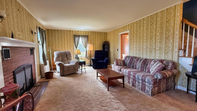812 County Rd, Lubec, ME 04652 - living room featuring carpet floors, a brick fireplace, wallpapered walls, stairs, and ornamental molding