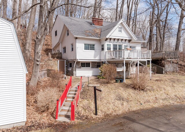 84 Hillside Rd, Westbrook, ME 04092 - exterior space with a shingled roof, a chimney, stairway, and a deck