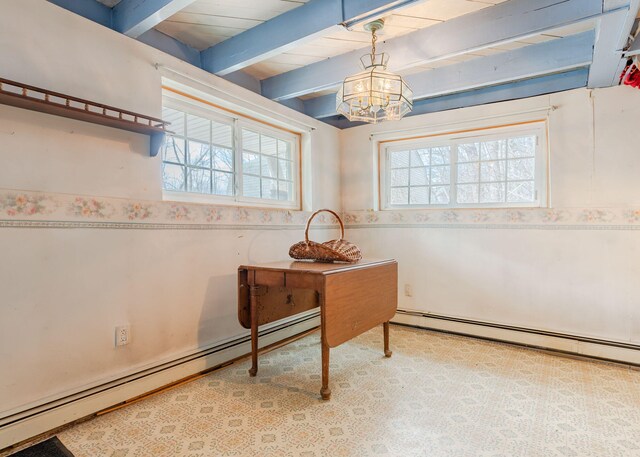 84 Hillside Rd, Westbrook, ME 04092 - interior space with a baseboard heating unit, a notable chandelier, and beamed ceiling
