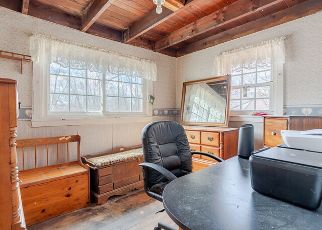 84 Hillside Rd, Westbrook, ME 04092 - office space with wainscoting, wooden ceiling, beam ceiling, and hardwood / wood-style flooring