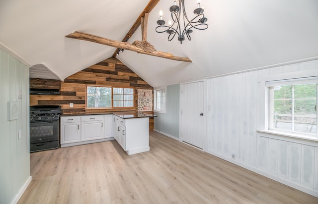 kitchen featuring wooden walls, black gas stove, dark countertops, and plenty of natural light
