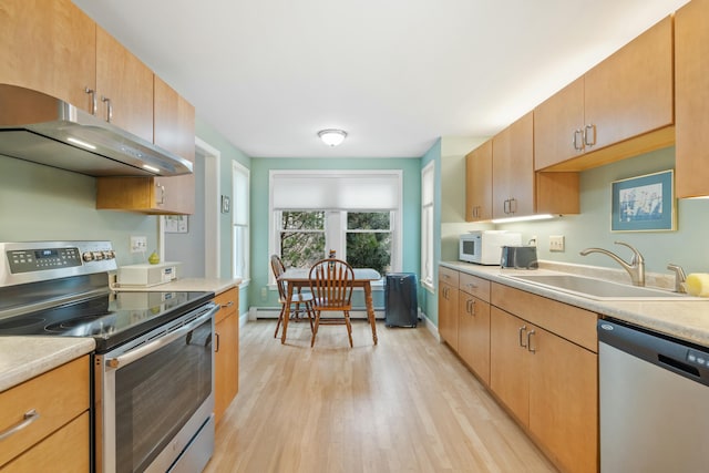 12 Ephraim Tyler Way Unit 12, Kennebunk, ME 04043 - kitchen featuring appliances with stainless steel finishes, under cabinet range hood, a sink, light wood-type flooring, and light countertops