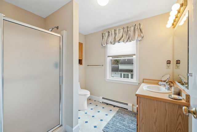 12 Ephraim Tyler Way Unit 12, Kennebunk, ME 04043 - full bathroom featuring baseboard heating, a stall shower, tile patterned floors, vanity, and toilet