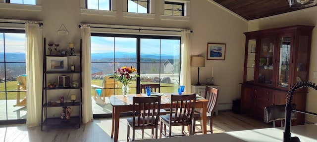 dining space featuring light wood finished floors, a mountain view, vaulted ceiling, baseboard heating, and wooden ceiling