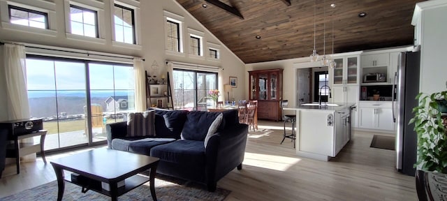 living room with wood ceiling, high vaulted ceiling, light wood-style floors, and beamed ceiling