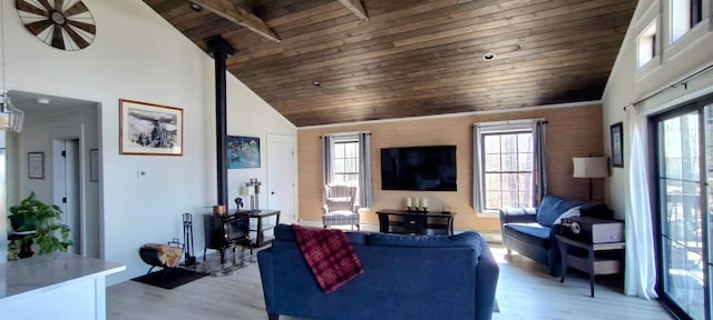living area with wood ceiling, a wealth of natural light, light wood finished floors, and high vaulted ceiling