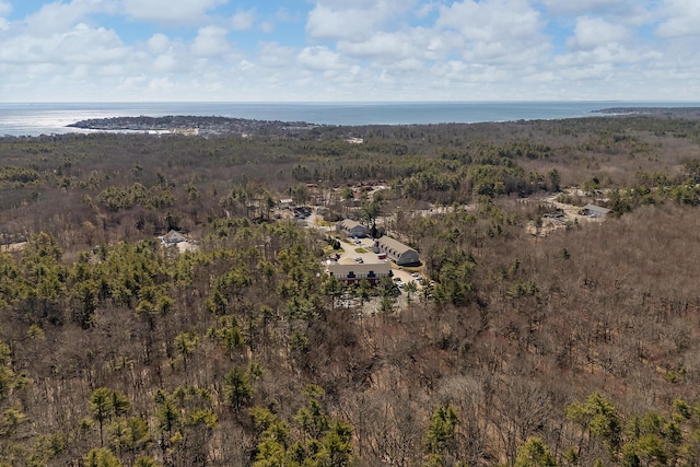 aerial view featuring a forest view and a water view