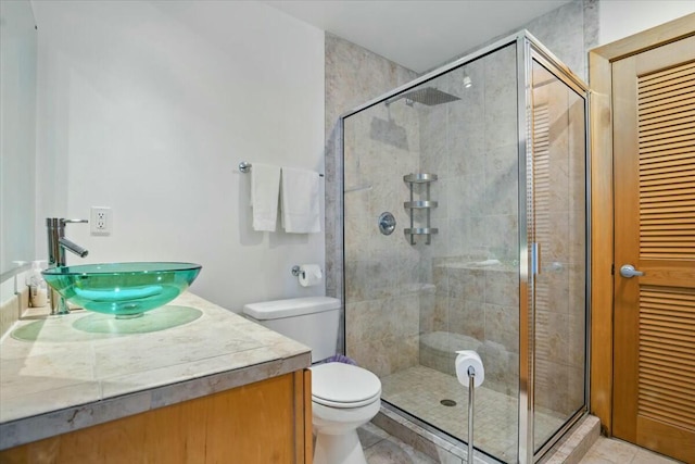 full bath with tile patterned floors, a closet, a stall shower, vanity, and toilet