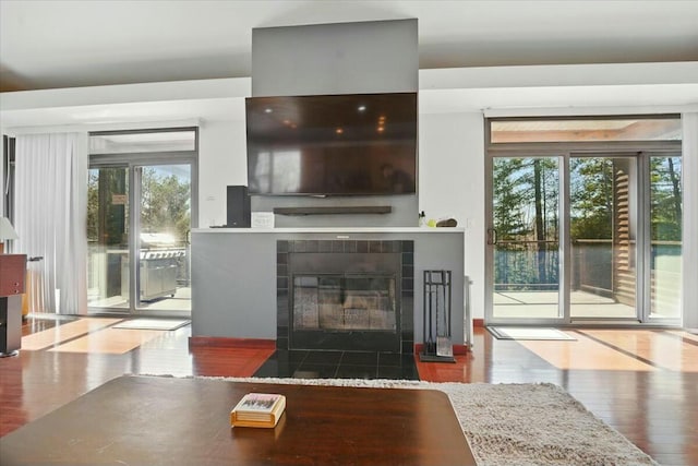 living area with a tiled fireplace, wood finished floors, and a healthy amount of sunlight