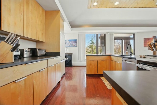 kitchen featuring a baseboard radiator, stainless steel dishwasher, a sink, light brown cabinetry, and dark wood-style flooring
