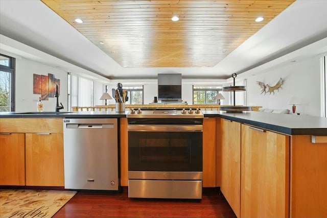 kitchen with dark countertops, a sink, open floor plan, stainless steel appliances, and dark wood-style floors