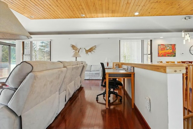 living area with wooden ceiling, dark wood-style floors, and recessed lighting